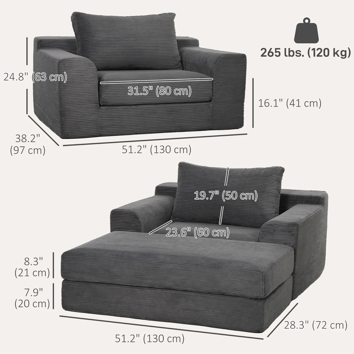 51.2-Inch Folding Chair Bed with Pillow, Corduroy Upholstered Sleeper Chair, Modular Floor Sofa, Dark Grey