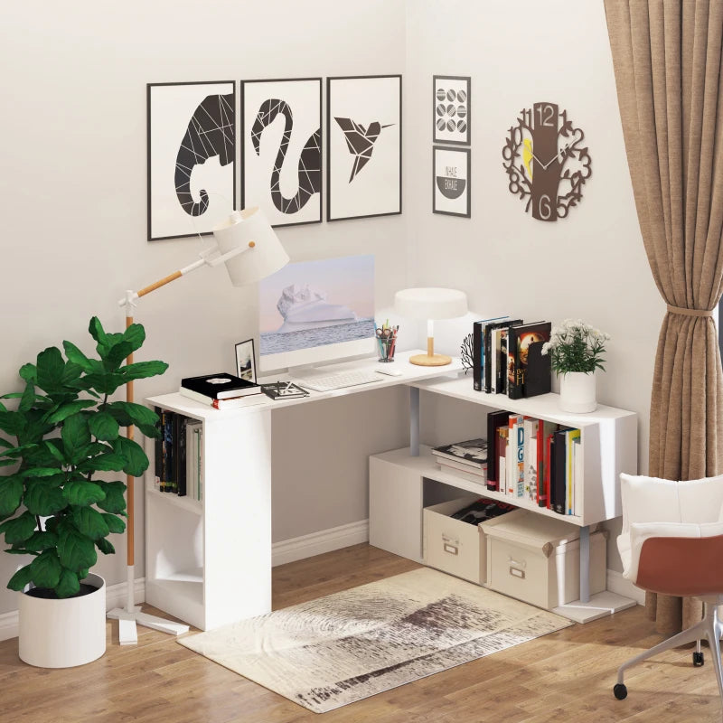 55" Corner Computer Desk, 360° Rotating L-Shaped Desk, Home Office Workstation with 3-Tier Shelves, Bookshelf, White