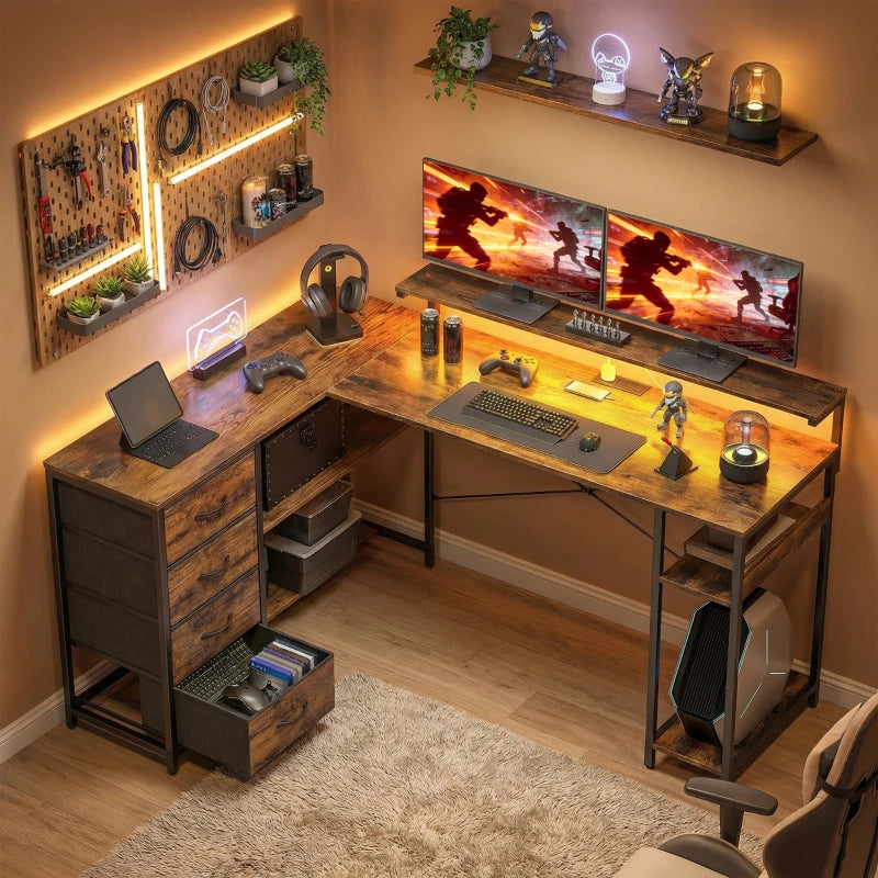 Gaming Desk with Power Outlets LED Lights Computer Desk with Drawers Monitor Stand 61" Rustic Brown