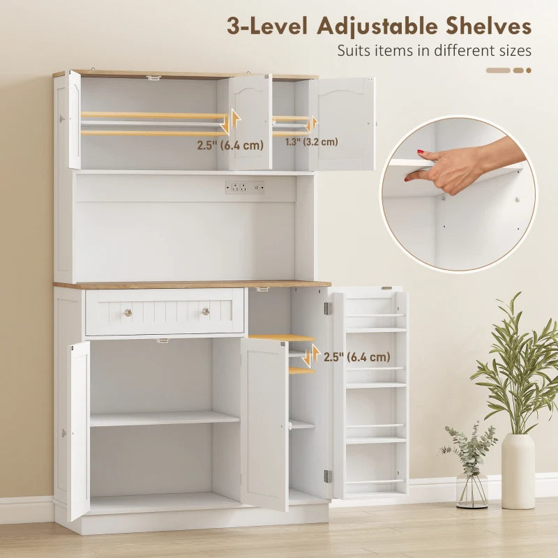 68" Pantry Cabinet with Charging Station, Kitchen Storage Cabinet with Microwave Stand, 4 Door Racks, White