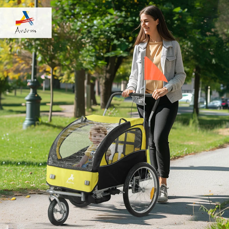 Aosom 2-in-1 Bike Trailer for Kids, Foldable 2-Seat Baby Stroller with 5-Point Harness, Rubber Wheels, Storage Bag, Yellow
