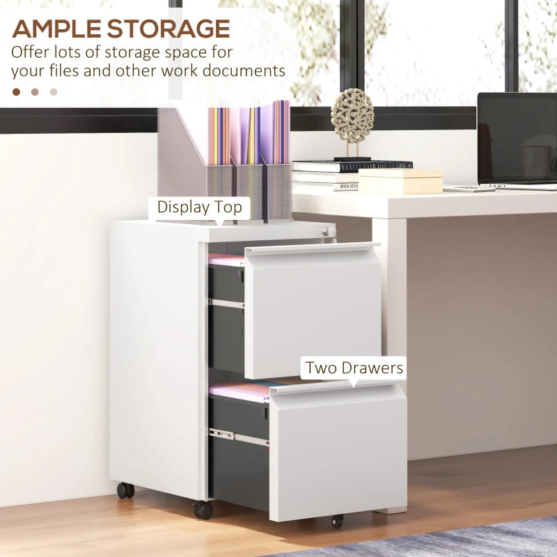 Mobile Vertical Filing Cabinet with Lock, 2-Drawer Steel File Cabinet with Adjustable Hanging Bar for Letter, A4 and Legal Size, White