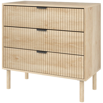 HOMCOM Bedroom Chest of Drawers, 3 Drawer Dresser with Fluted Panels and Solid Wood Legs, Storage Cabinet for Living Room, Oak 
