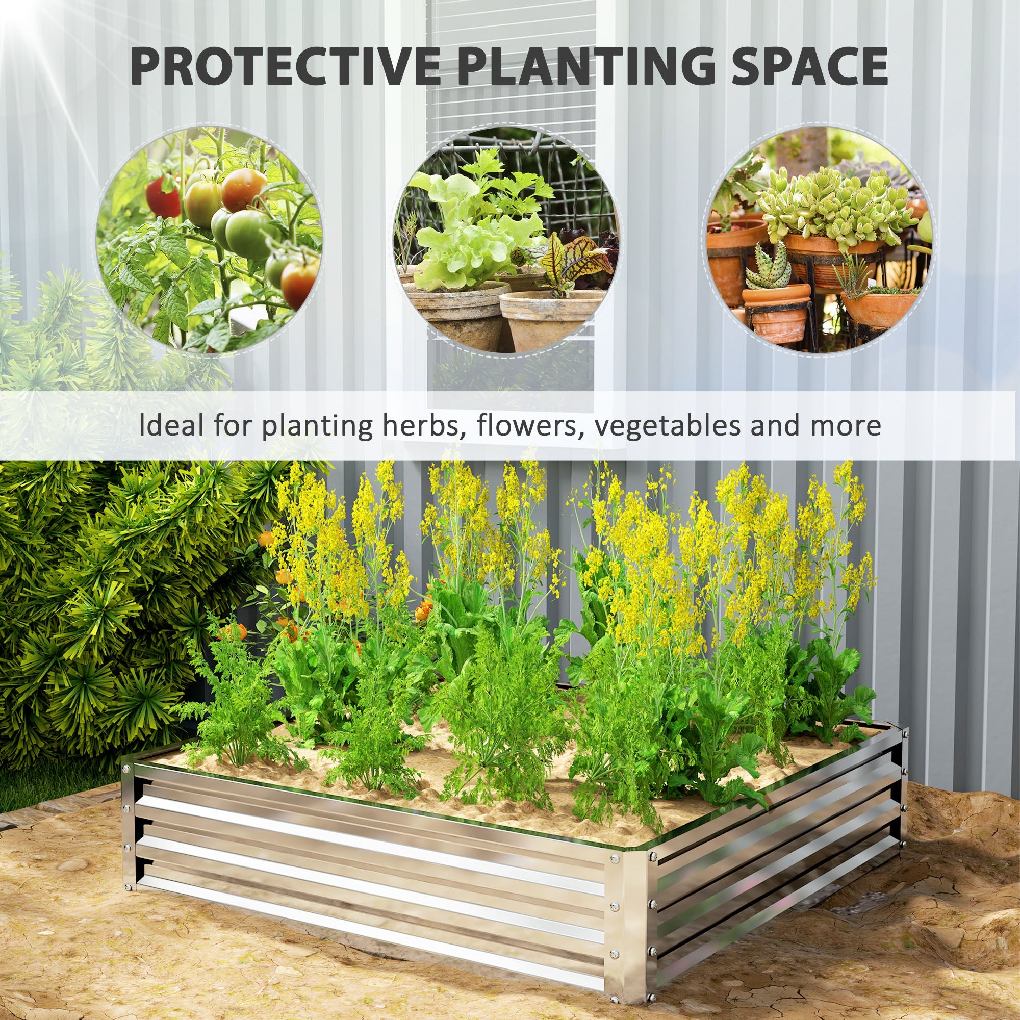 Outsunny 4' x 4' x 1' Raised Garden Bed Galvanized Steel Planter Box for Vegetables, Flowers, Herbs, Silver 