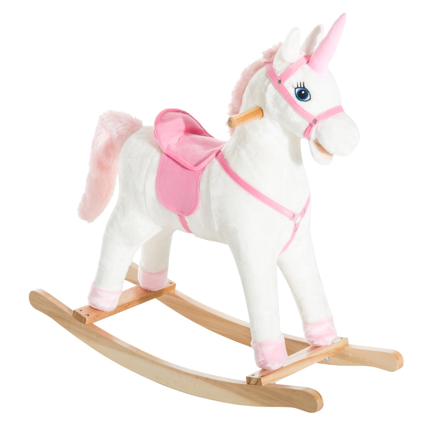 Qaba Kids Plush Toy Rocking Horse Unicorn with Realistic Sounds, White & Pink 