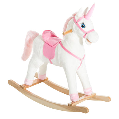 Qaba Kids Plush Toy Rocking Horse Unicorn with Realistic Sounds, White & Pink 