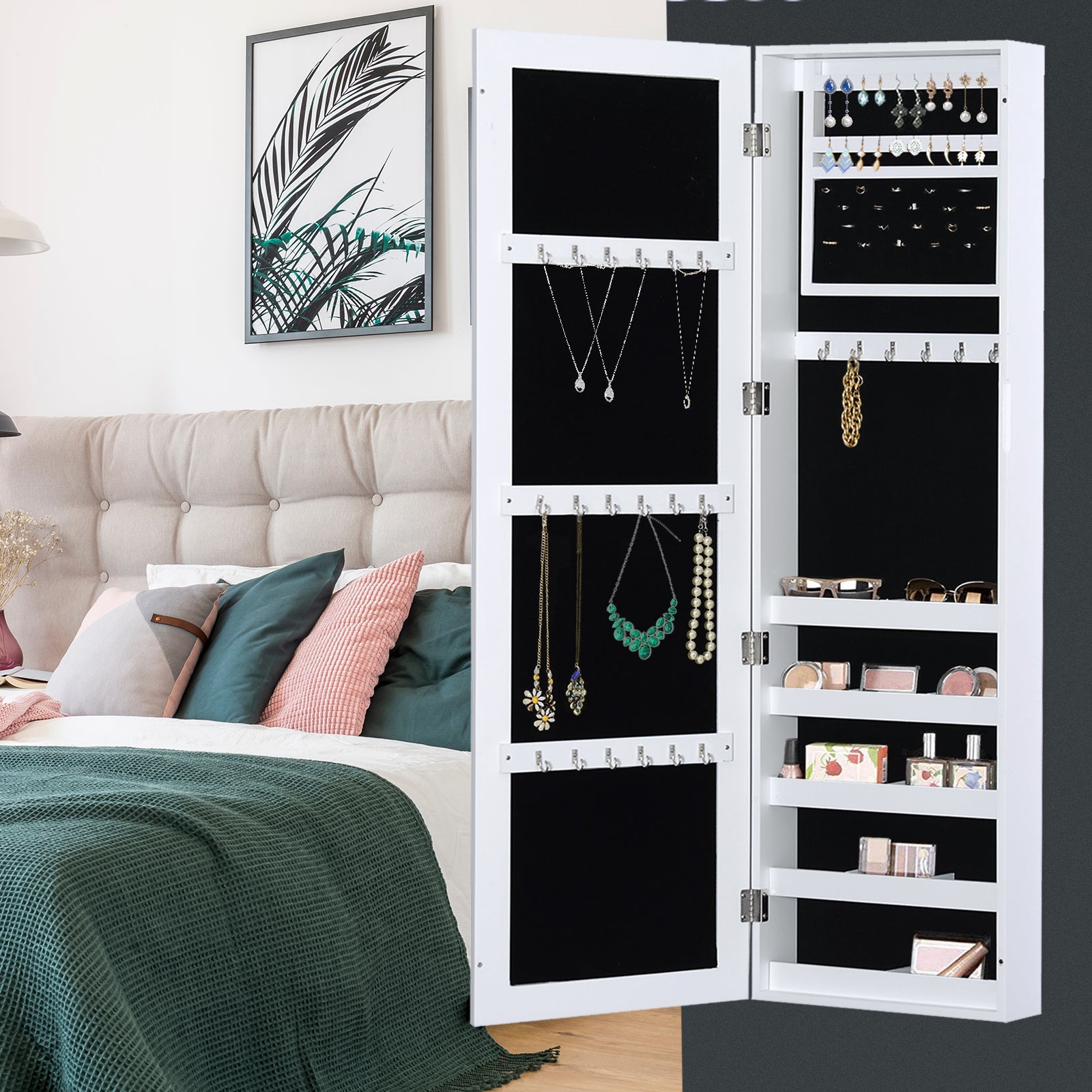 HOMCOM Wall-Mounted Jewelry Armoire: With Full-Length Mirror Storage Organizer, White 