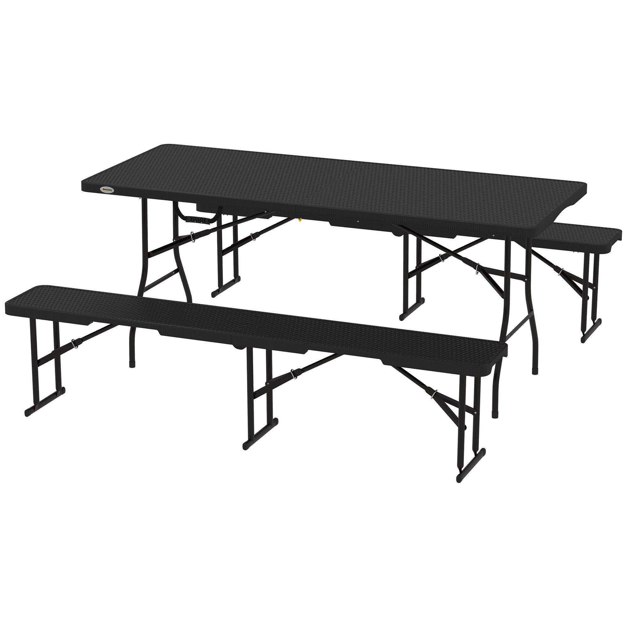 Outsunny 6FT 3PCS Faux Rattan Outdoor Camping Table Bench Set with Carrying Handles, Folding Picnic Table with 2 Benches, Black 