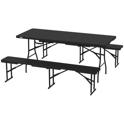 Outsunny 6FT 3PCS Faux Rattan Outdoor Camping Table Bench Set with Carrying Handles, Folding Picnic Table with 2 Benches, Black 