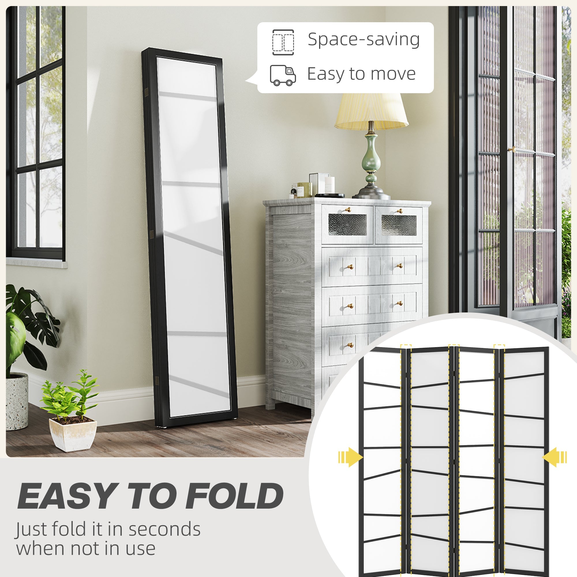 HOMCOM 5.6ft Folding Room Divider, 4 Panel Wall Partition with Wood Frame for Bedroom, Home Office, White 