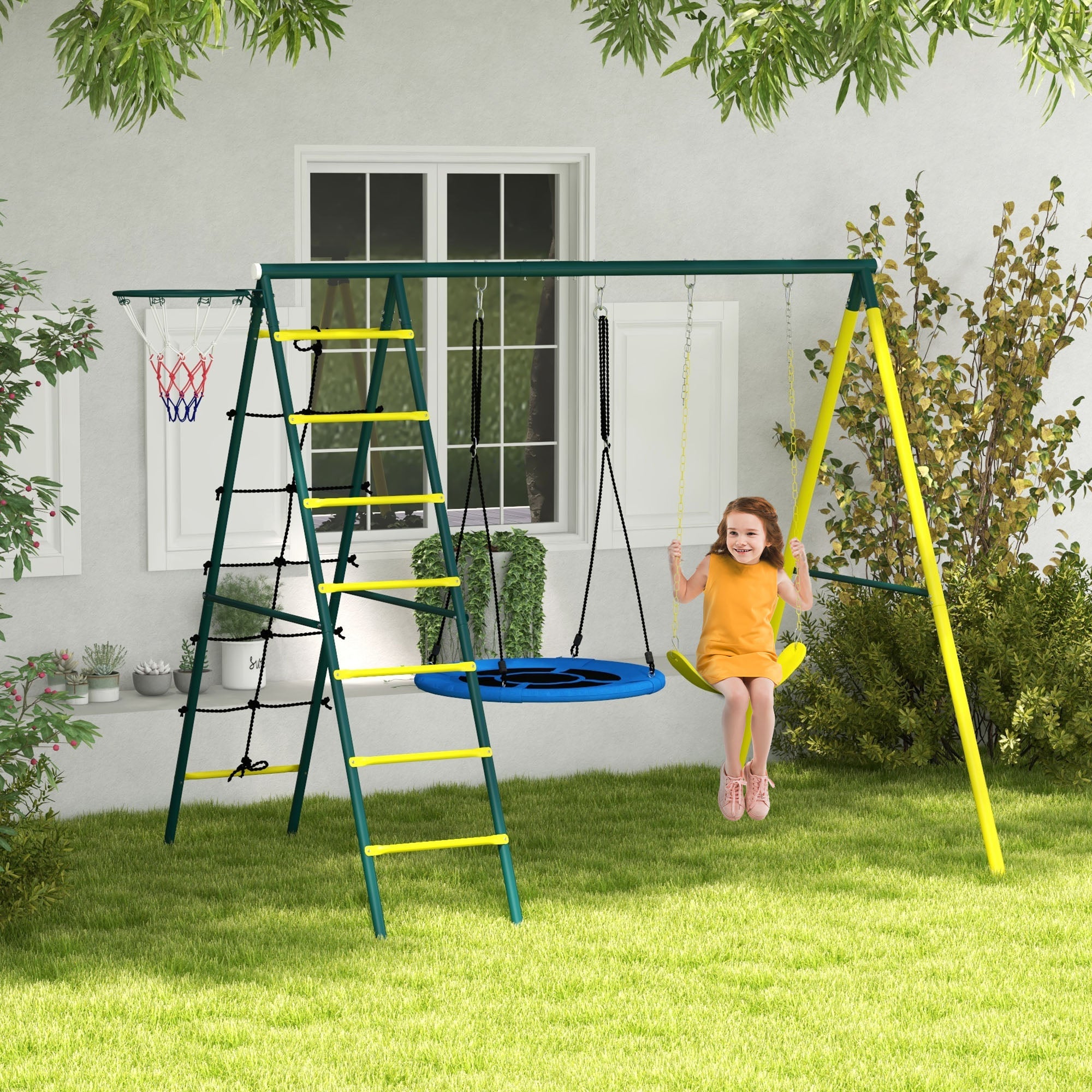 Outsunny Swing Set 4-in-1 for Kids, Saucer Swing, Seat, Climbing, Basketball Hoop, 3-8 Years, Yellow 