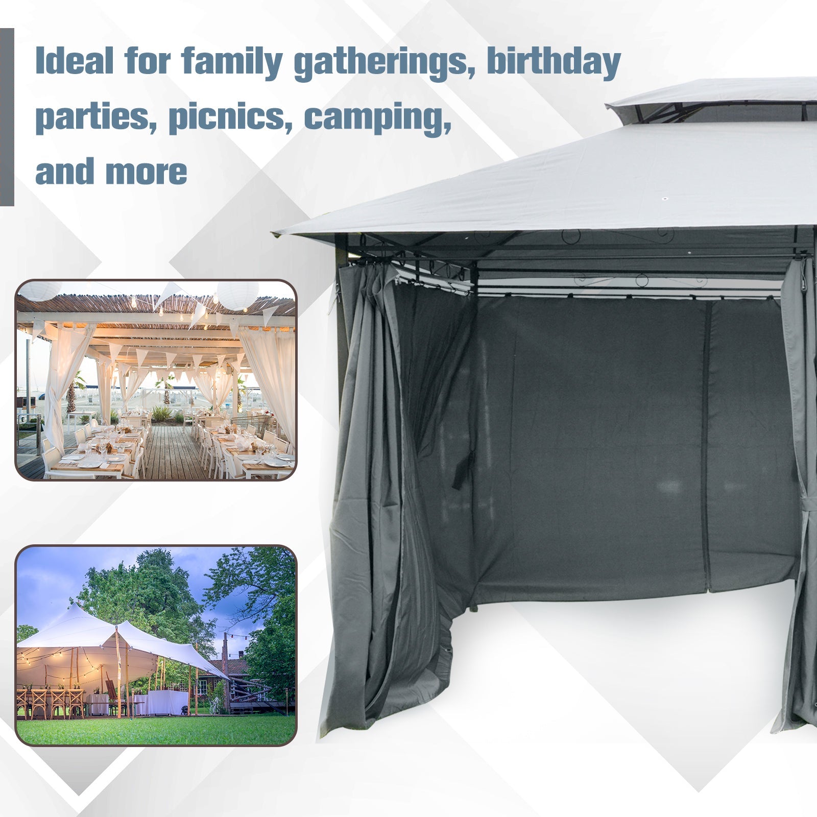 Outsunny 13'L x 10'W x 8.7'H Patio Gazebo Outdoor 2-Tiers Garden Canopy Yard Sunshade Shelter with Curtains Grey 