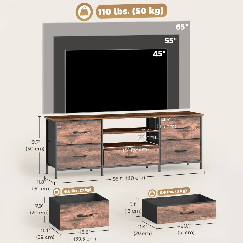 TV Stand for TVs up to 65 Inch, Industrial TV Console with Charging Station, 5 Drawers and Open Shelves, Rustic Brown