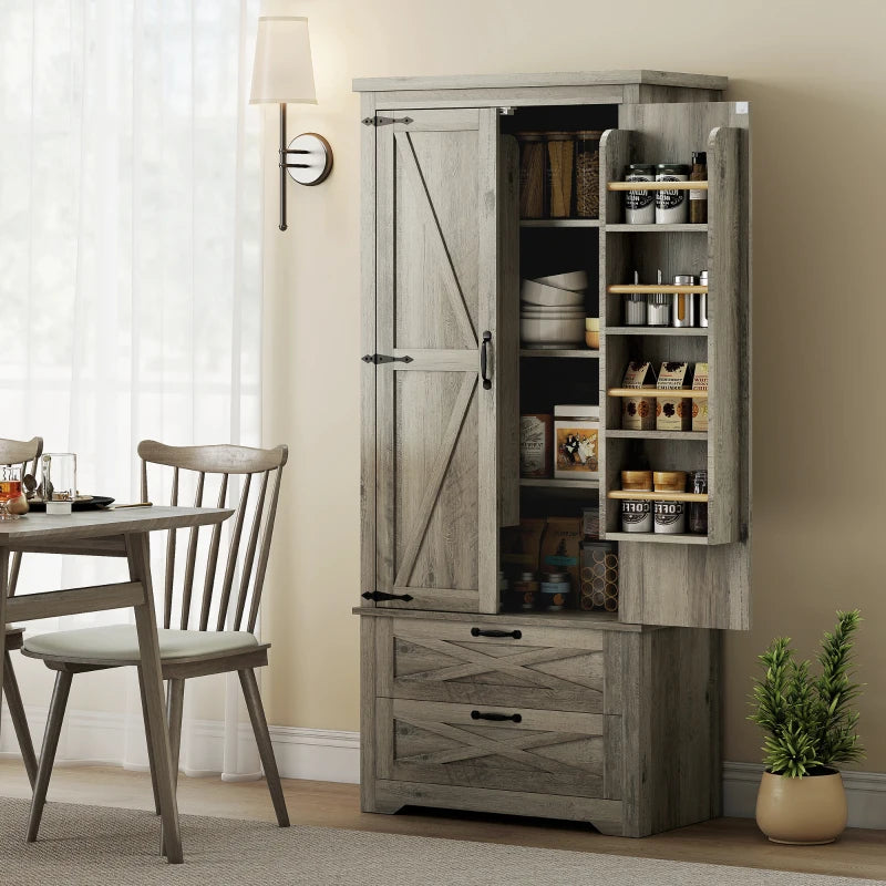 Farmhouse Kitchen Pantry Storage Cabinet, 64" Freestanding Kitchen Pantry Cabinet with Drawers, Distressed Grey