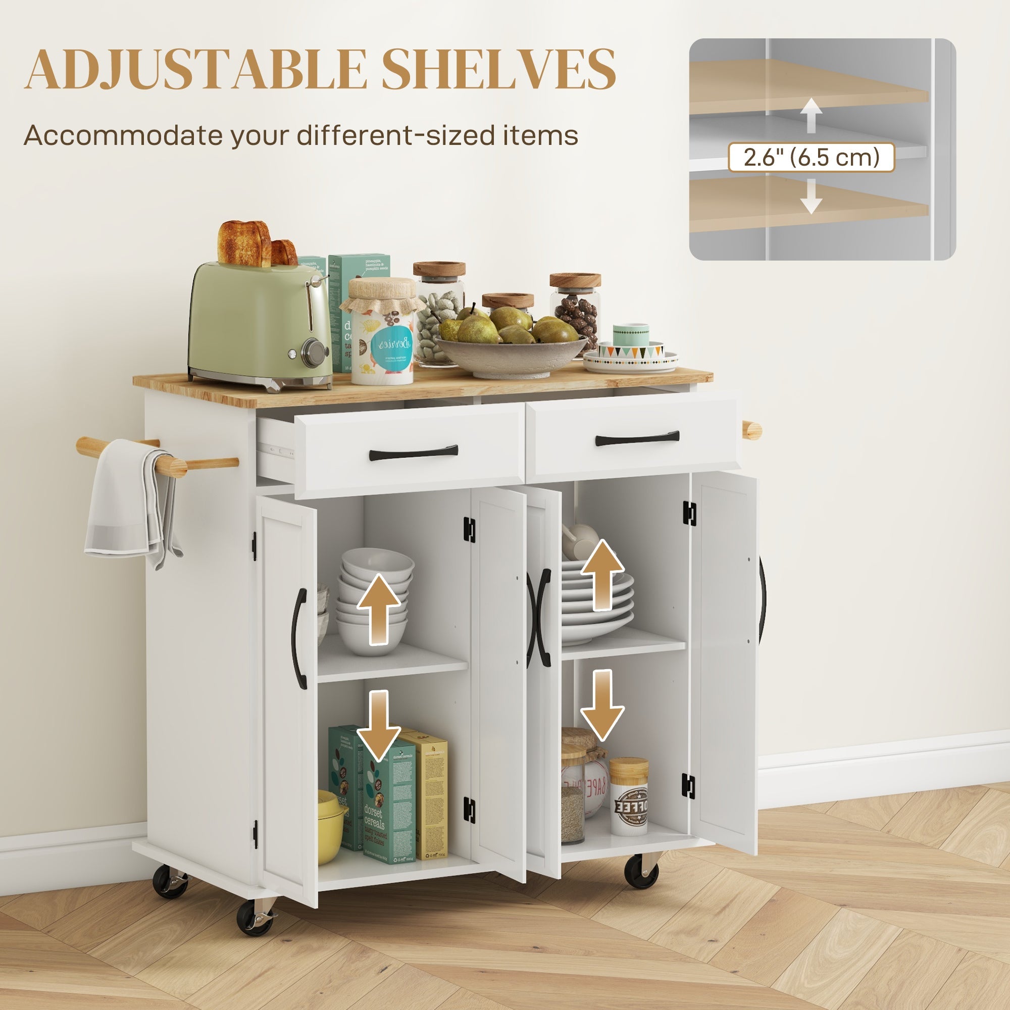 HOMCOM Kitchen Cart on Wheels: Rubber Wood Top, 2 Drawers, 4 Doors & Adjustable Shelving 