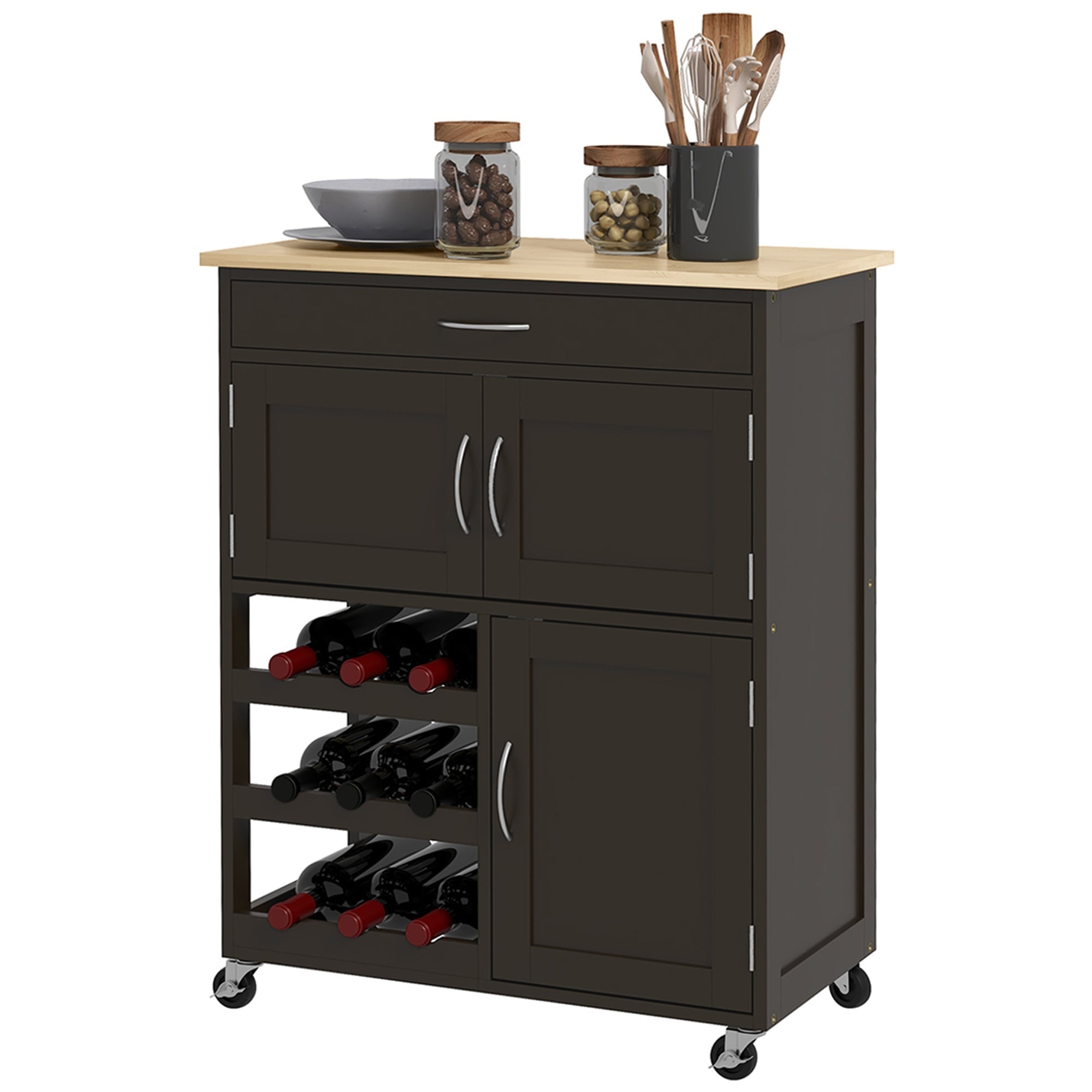 HOMCOM Kitchen Entertainer: Black Rolling Trolley with Storage Drawer, 9-Bottle Wine Rack Cabinet, Wooden Top 
