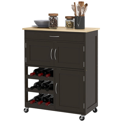 HOMCOM Kitchen Entertainer: Black Rolling Trolley with Storage Drawer, 9-Bottle Wine Rack Cabinet, Wooden Top 