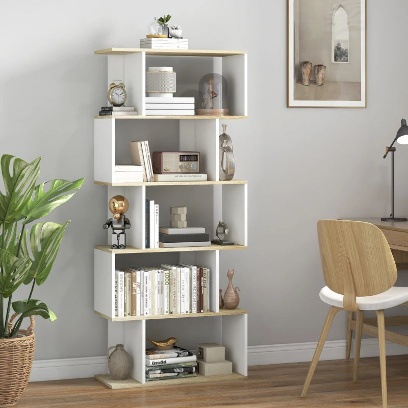 5-Tier Bookshelf, Geometric S Shaped Bookcase, Tall Narrow Display Shelf for for Living Room, Study Room, White