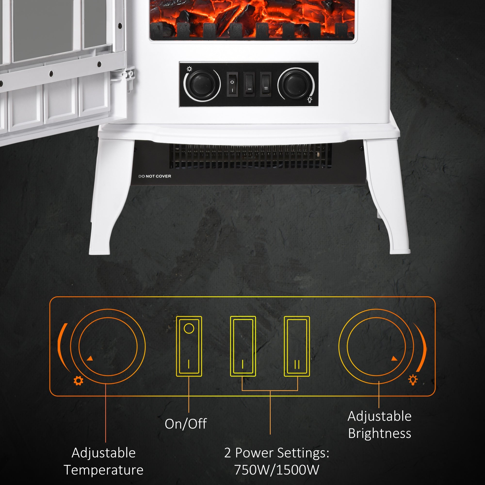 HOMCOM Electric Fireplace Heater, Freestanding Fireplace Stove with Realistic Flame, Adjustable brightness, White 