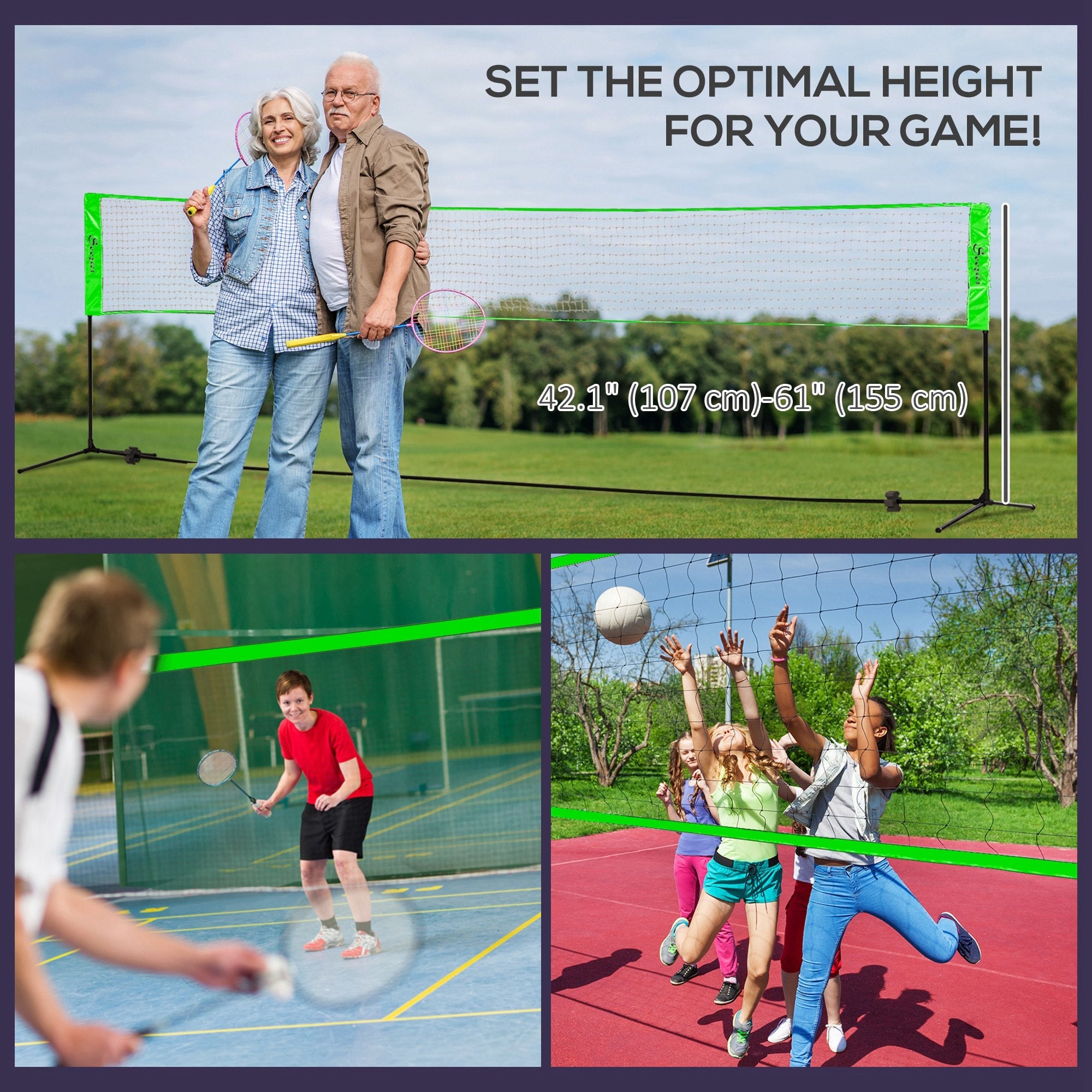 Soozier Portable Badminton Set, Pickleball Volleyball Net with 3 Shuttlecocks, 4 Rackets, for Indoor Outdoor, Beach, Backyard 