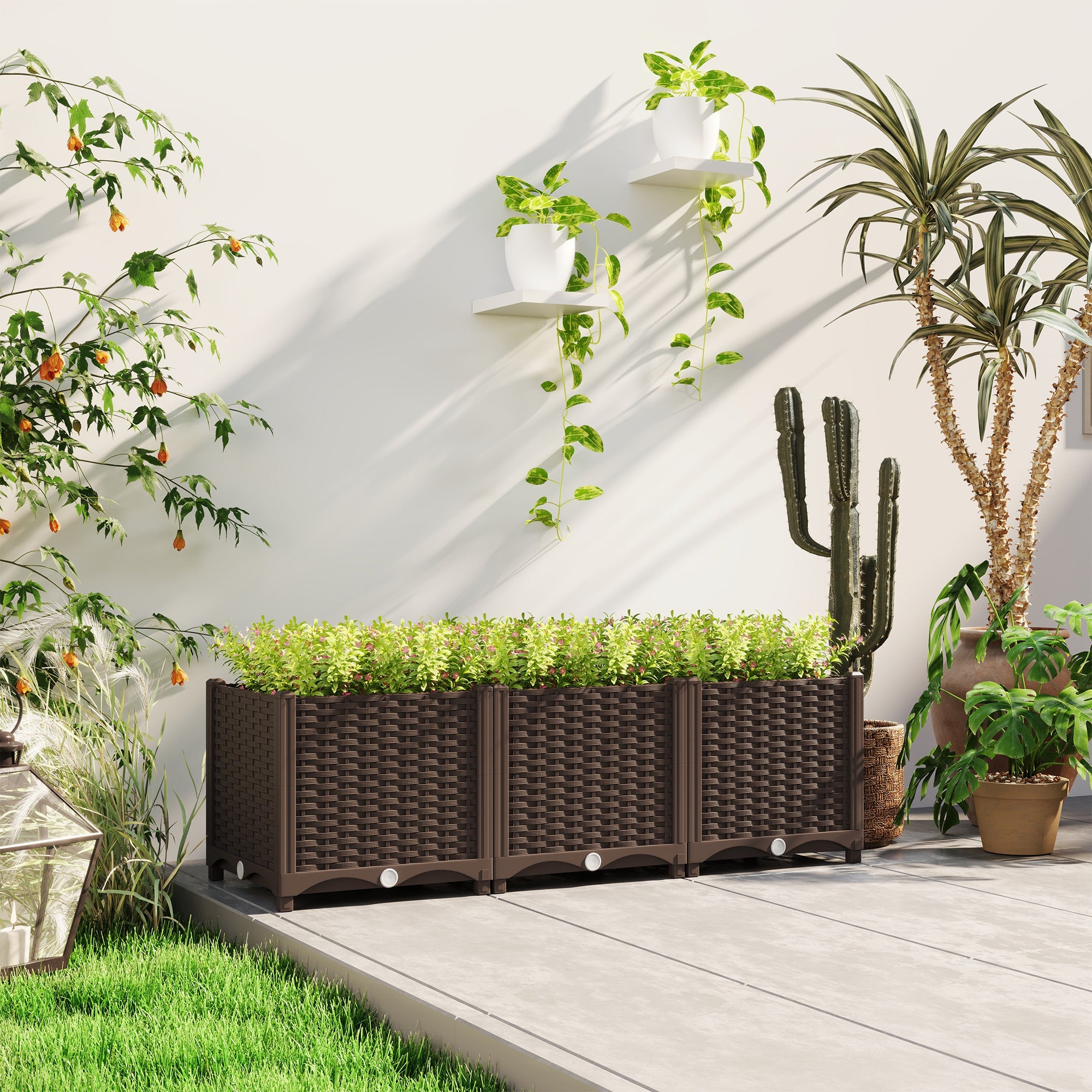 Outsunny Plastic Raised Garden Bed, Outdoor Planter Box with Drainage Holes for Patio, Balcony, 47.2" x 15.7" x 14.6", Brown 