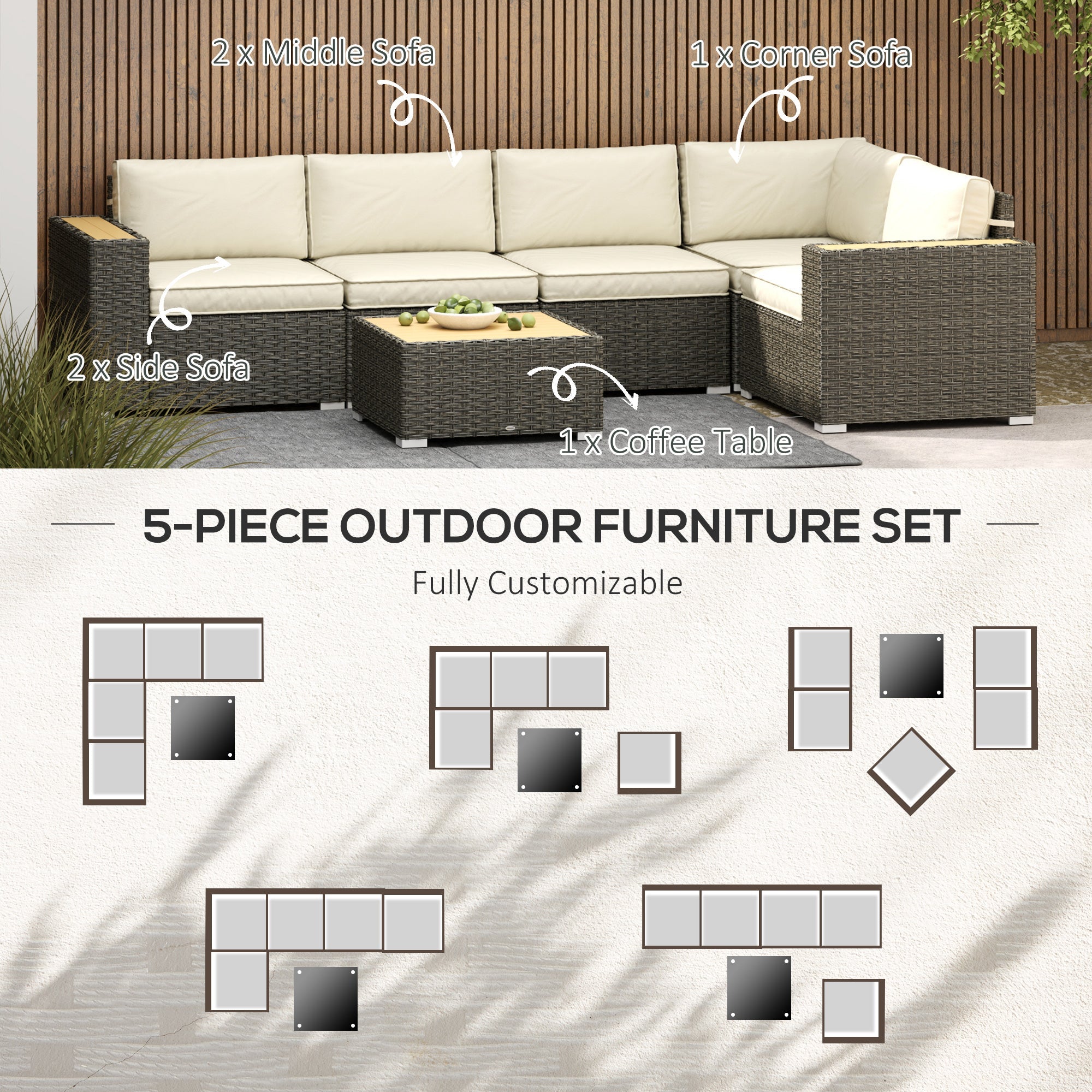 Outsunny 6 Pieces Outdoor Rattan Patio Furniture Set with Corner Sofa, Wood-Plastic Coffee Table, Light Khaki 