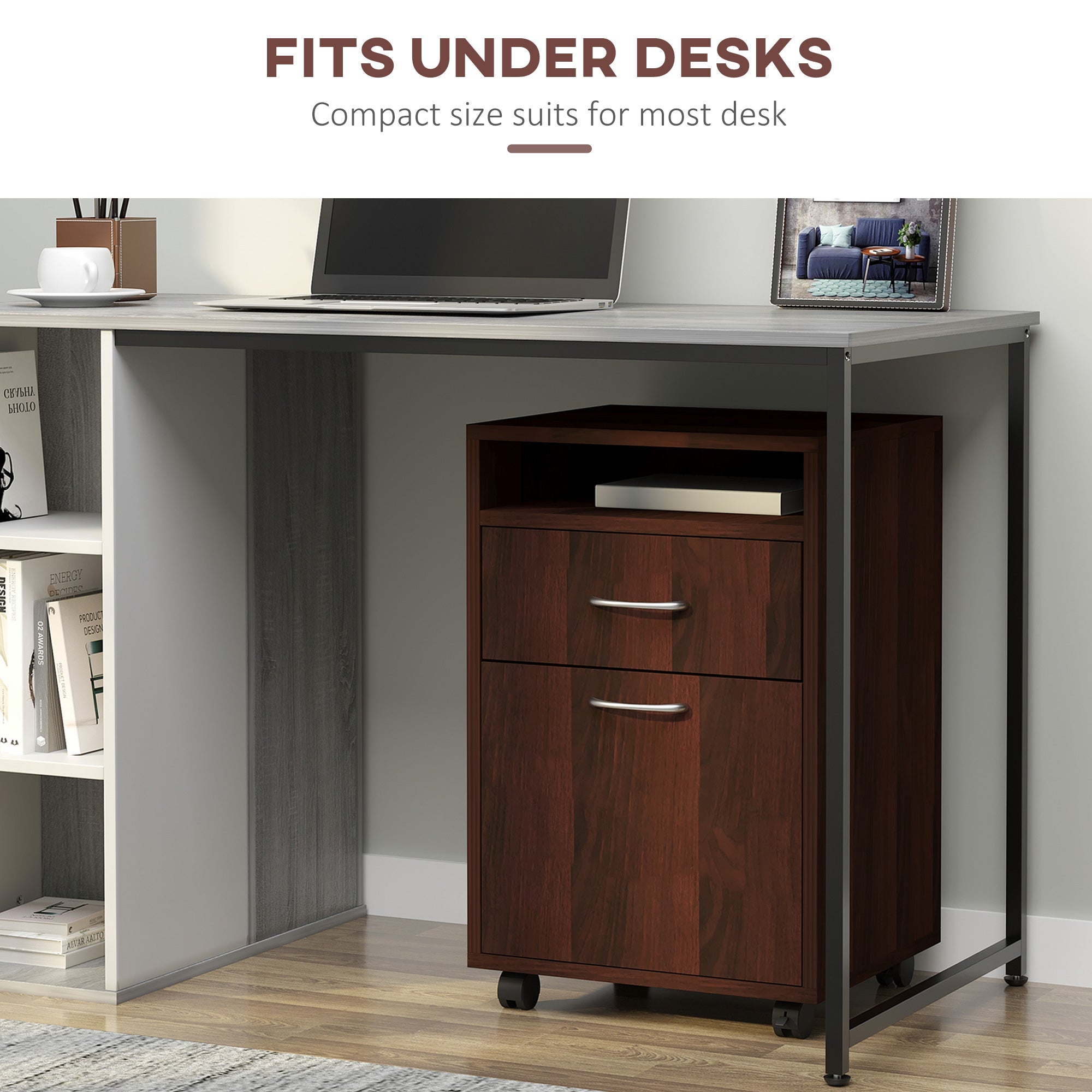 HOMCOM Small Filing Cabinet 24" Open Compartment Drawer Wheels Home Office Storage Espresso Wood Furniture 