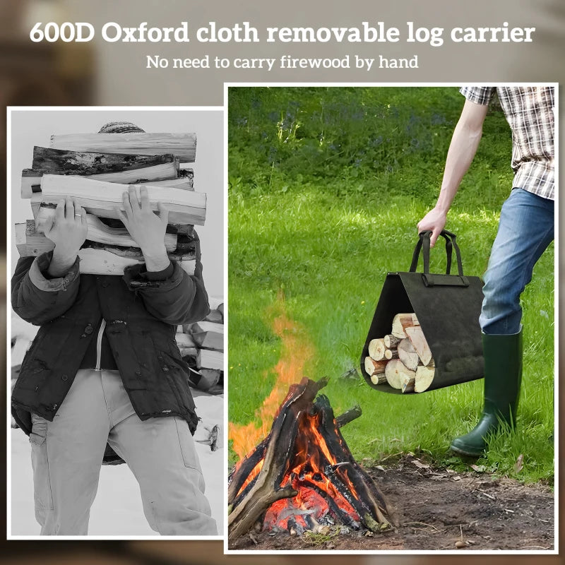 Outdoor Firewood Rack with Log Carrier, Heavy Duty Steel Wood Log Storage Stacker for Fireplace, Black