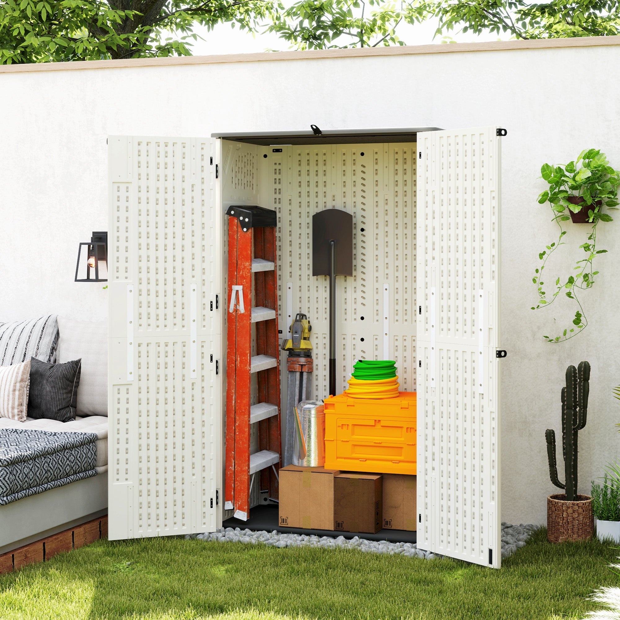 Outsunny 368 Gallon Outdoor Storage Cabinet with Openable Top and Lockable Doors for Lawnmower, Trash Can, Patio Accessories 