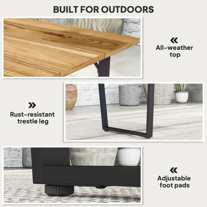 Wooden Outdoor Dining Table for 6 with 2" Umbrella Hole, Slatted Tabletop, Metal Frame, for Yard, Deck, Lawn