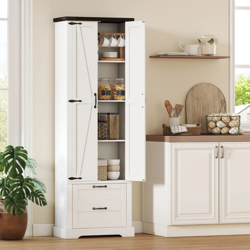 71" Tall Kitchen Pantry Cabinet, Farmhouse Kitchen Storage Cabinet with 2 Drawer and Adjustable Shelves, White