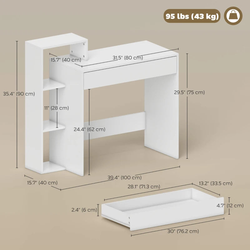 Desk with Storage, Computer Desk with 3 Open Shelves and Drawer White