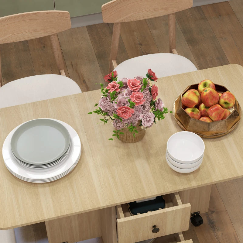 Drop Leaf Dining Table, Mobile Folding Table on Wheels with Drawers and Cabinet for Dining Room, Kitchen, Natural Wood