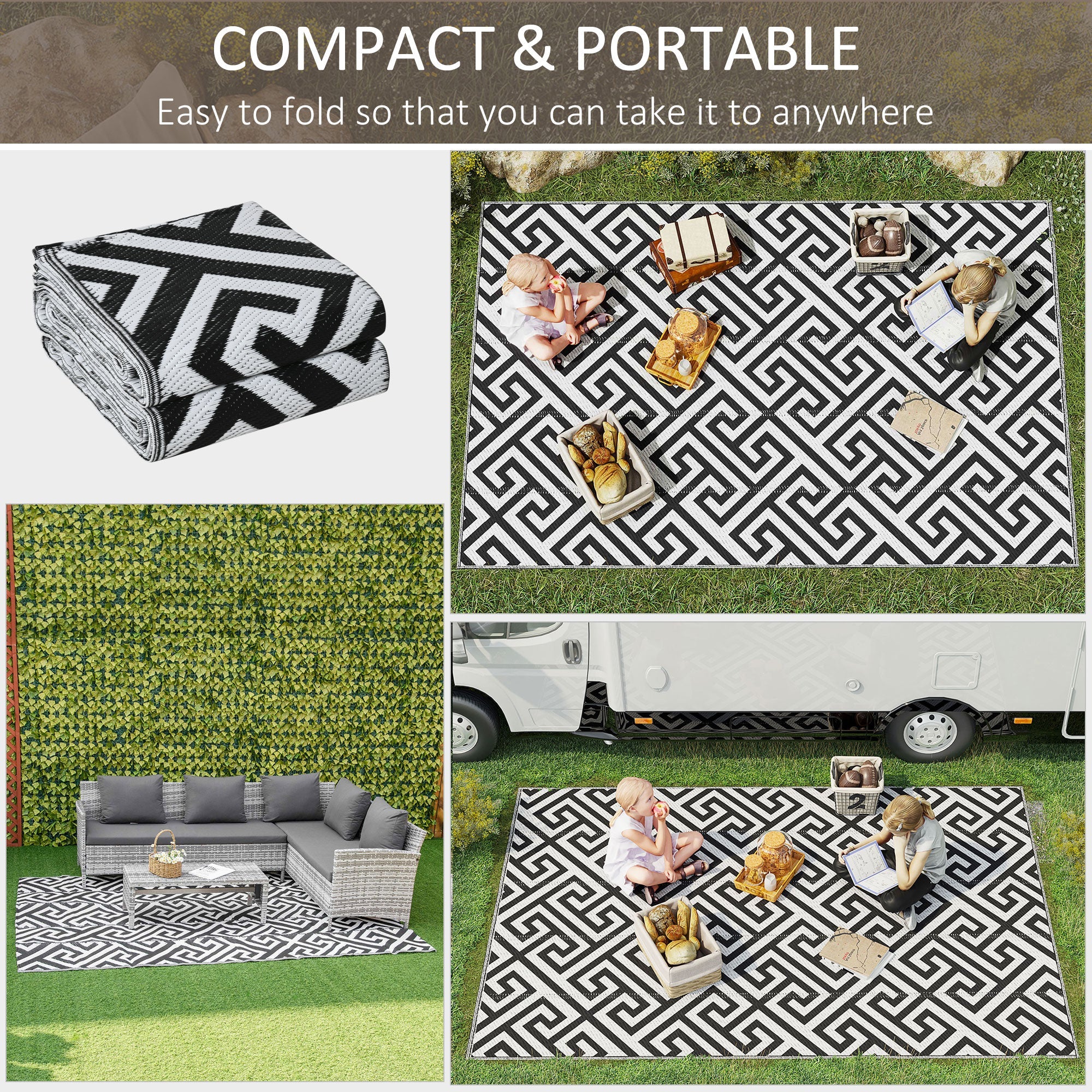 Outsunny 6' x 9' Reversible RV Outdoor Rug Black White Plastic Straw Mat for Beach Deck Backyard Camping 
