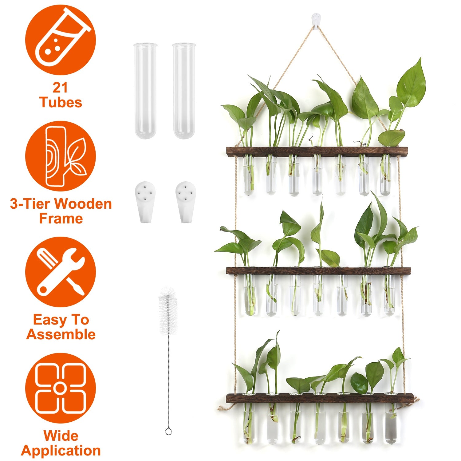 3-Tier Wall Hanging Planter Glass Hydroponic Vase Plant Flower Propagation Tube Planter Terrarium with Wooden Stand 