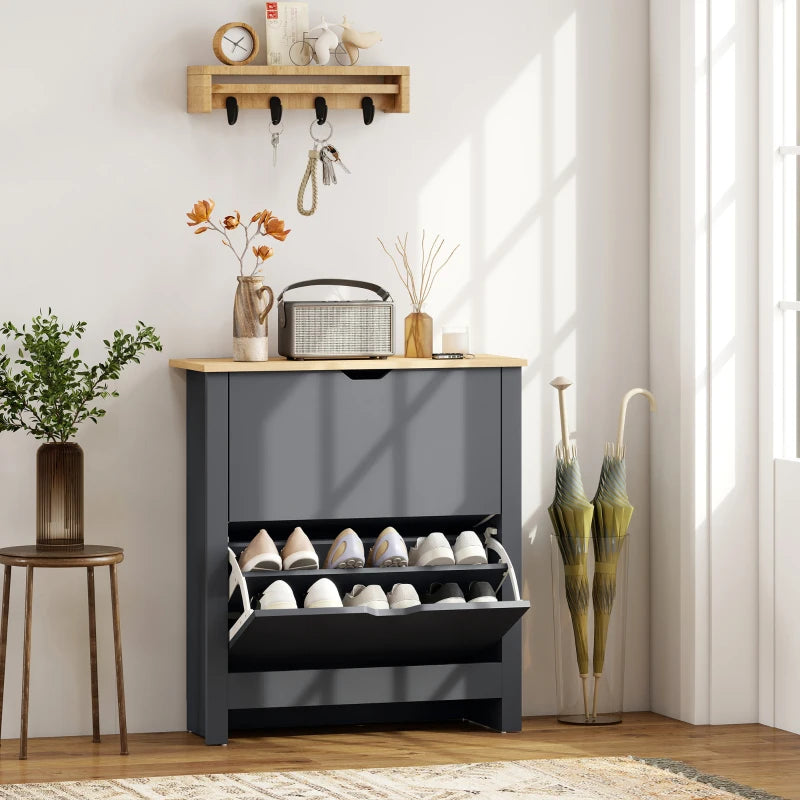 Shoe Storage Cabinet with 2 Flip Drawers and Adjustable Shelves for 12 Pairs of Shoes, Dark Grey