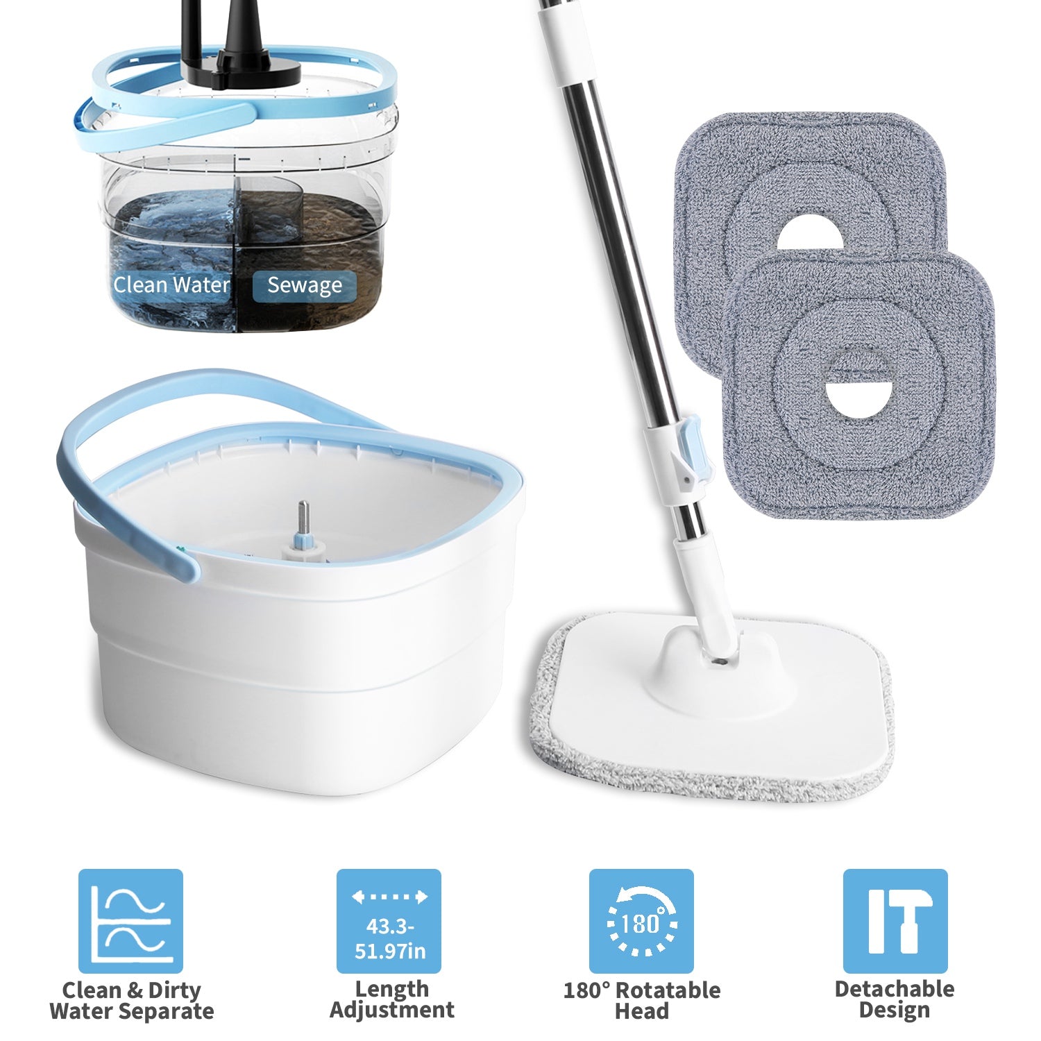 Spin Mop and Bucket with Wringer Set Flat Floor Mop with Clean and Dirty Water Separate System 2 Replaceable Reusable Washable Microfiber Mop Pads