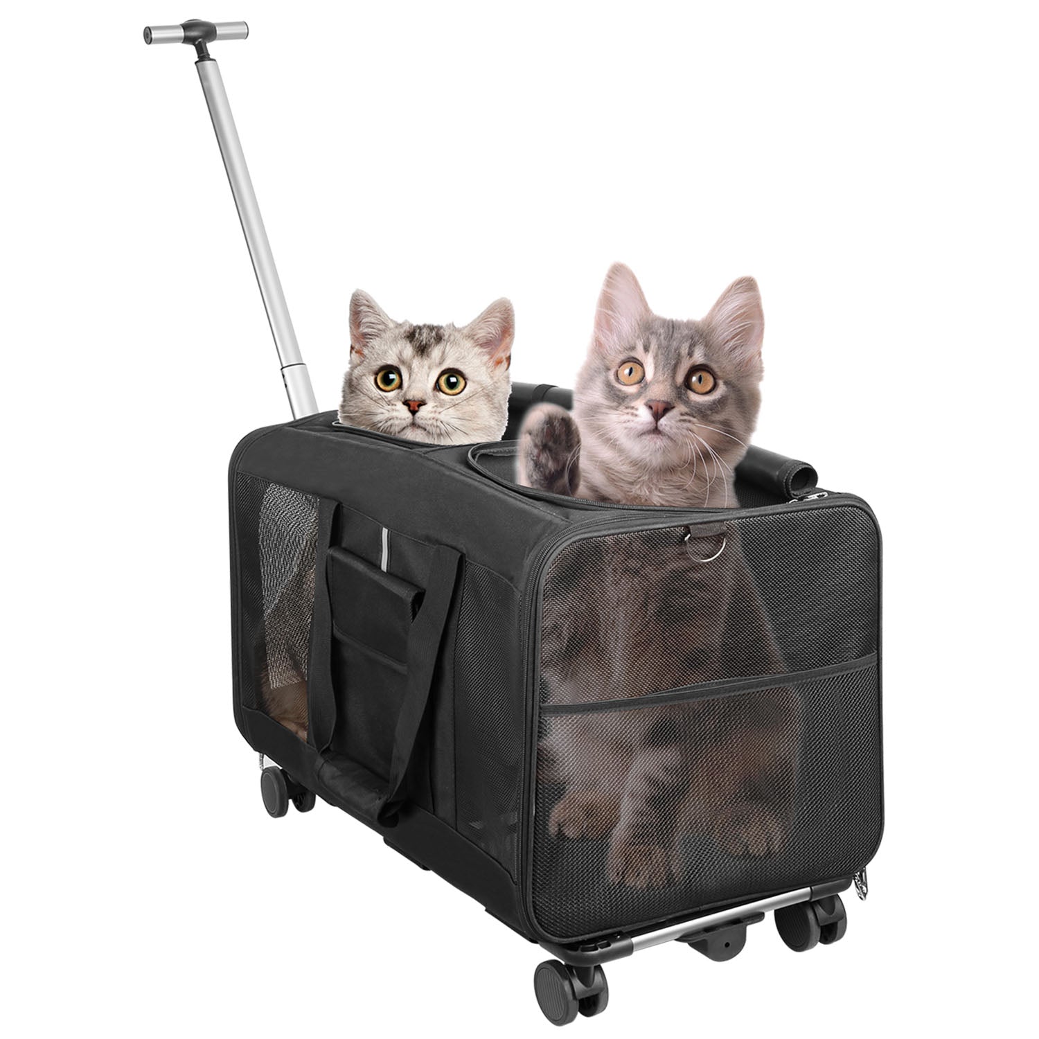 Double-Compartment Pet Rolling Carrier Cat Dog Rolling Carrier with Detachable Wheels Telescopic Handle Adjustable Shoulder Strap 