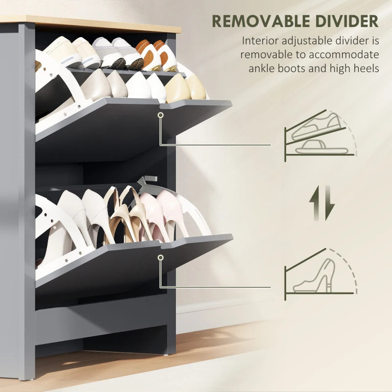 Shoe Storage Cabinet with 2 Flip Drawers and Adjustable Shelves for 12 Pairs of Shoes, Dark Grey