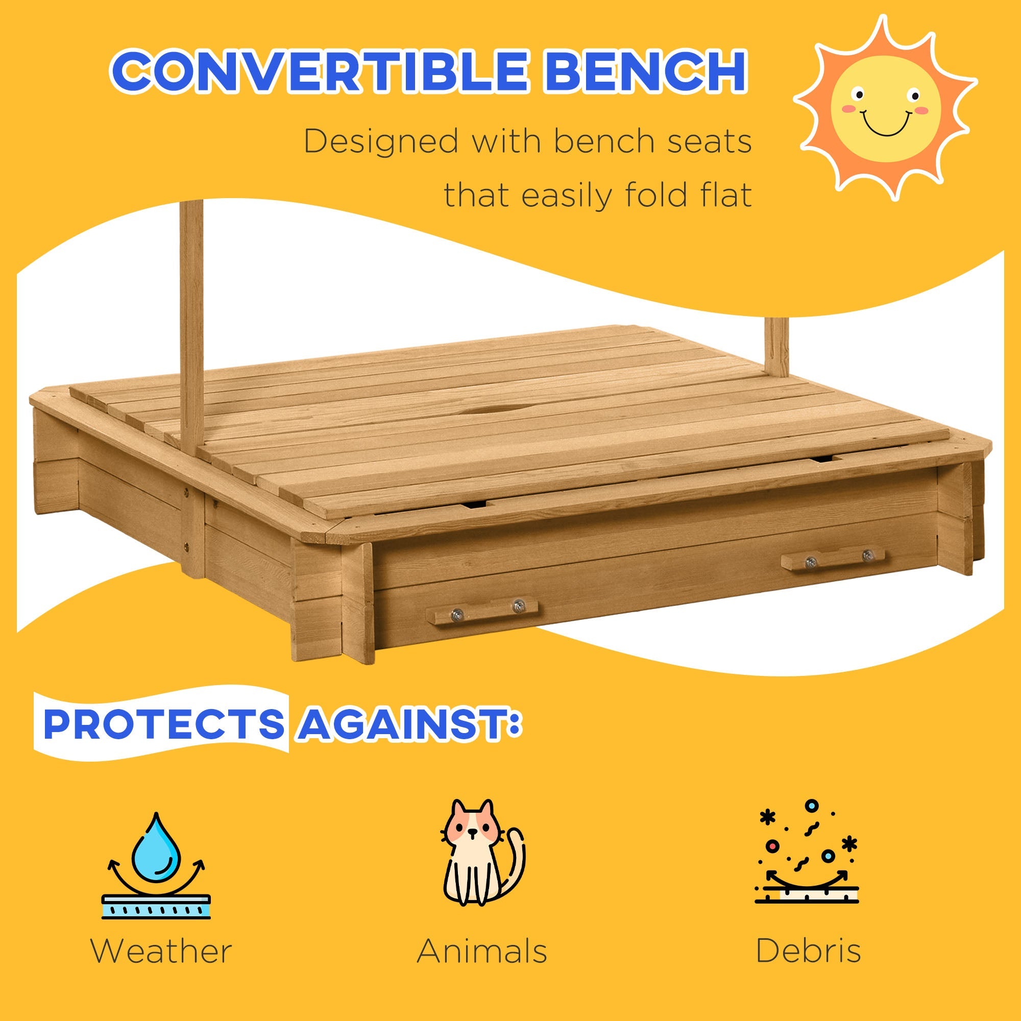 Outsunny Kids Sandbox Wooden with Cover Adjustable Canopy Foldable Bench Seats Sand Play Light Brown 