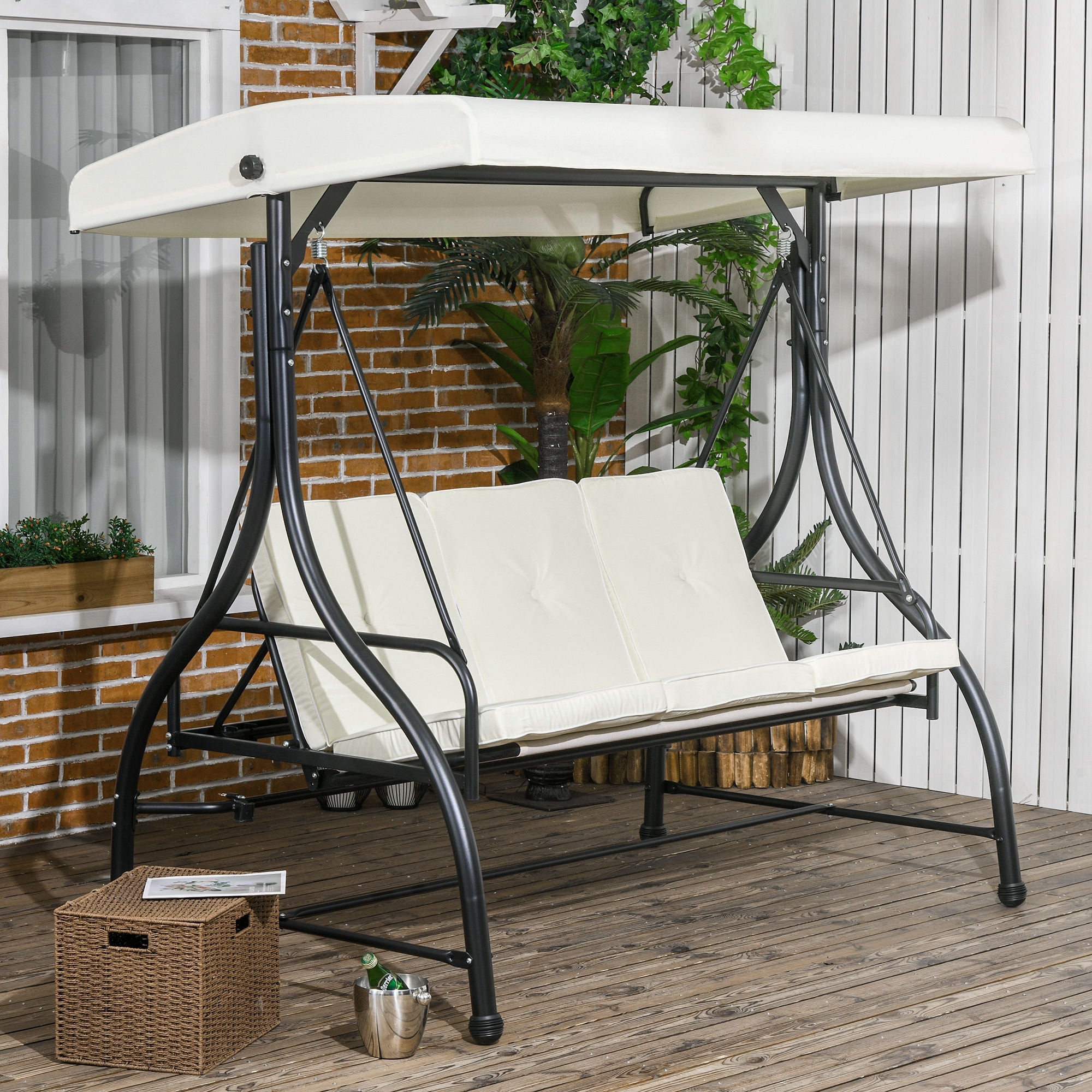 Outsunny Convertible Patio Swing Bed with Canopy and Cushions, 3 Seater Porch Swing for Outdoor, Backyard, Garden, Cream White 