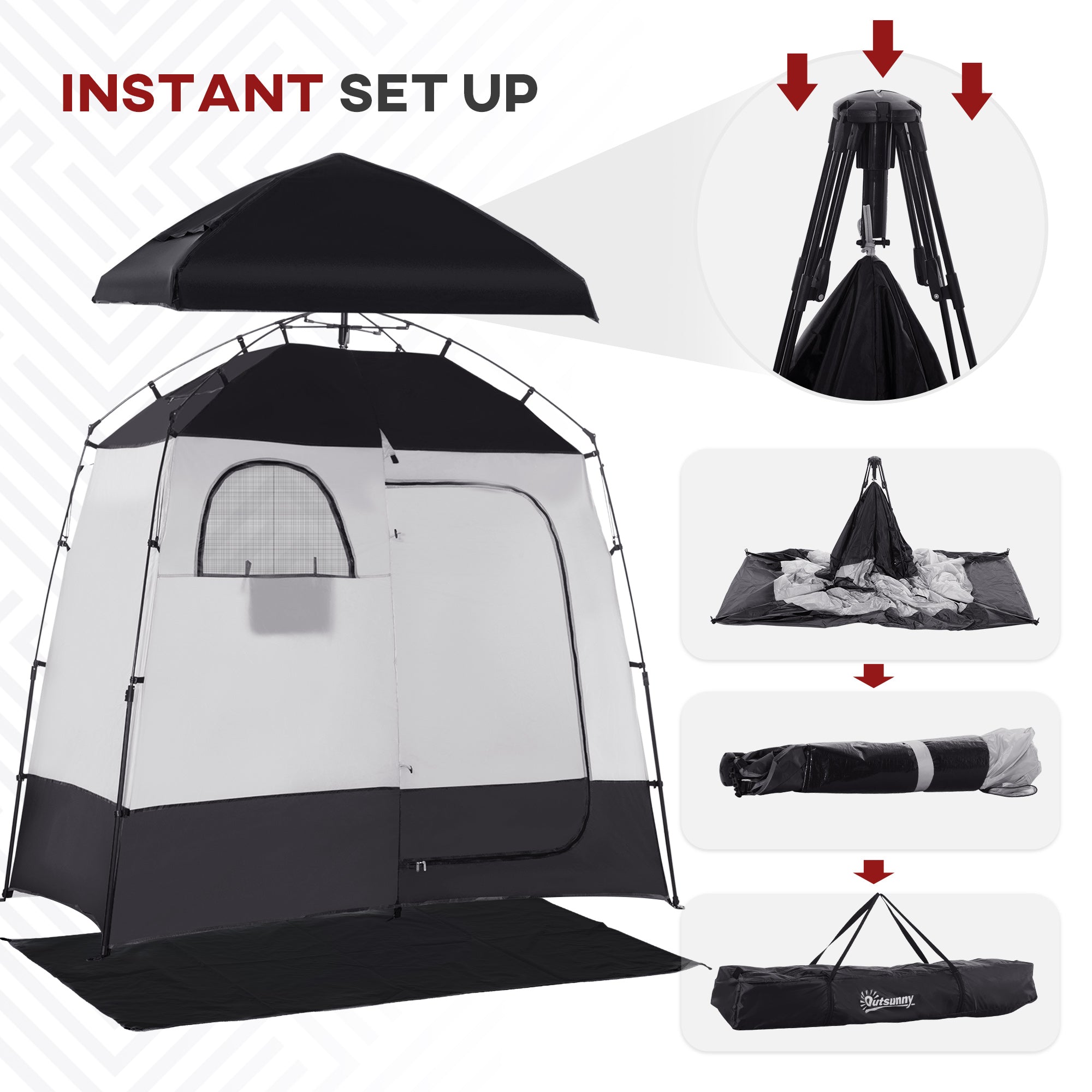 Outsunny Outdoor Portable Pop Up Shower Tent Changing Tent Privacy Enclosure with 2 Rooms, Shower Bag, Floor for Camping, Black 