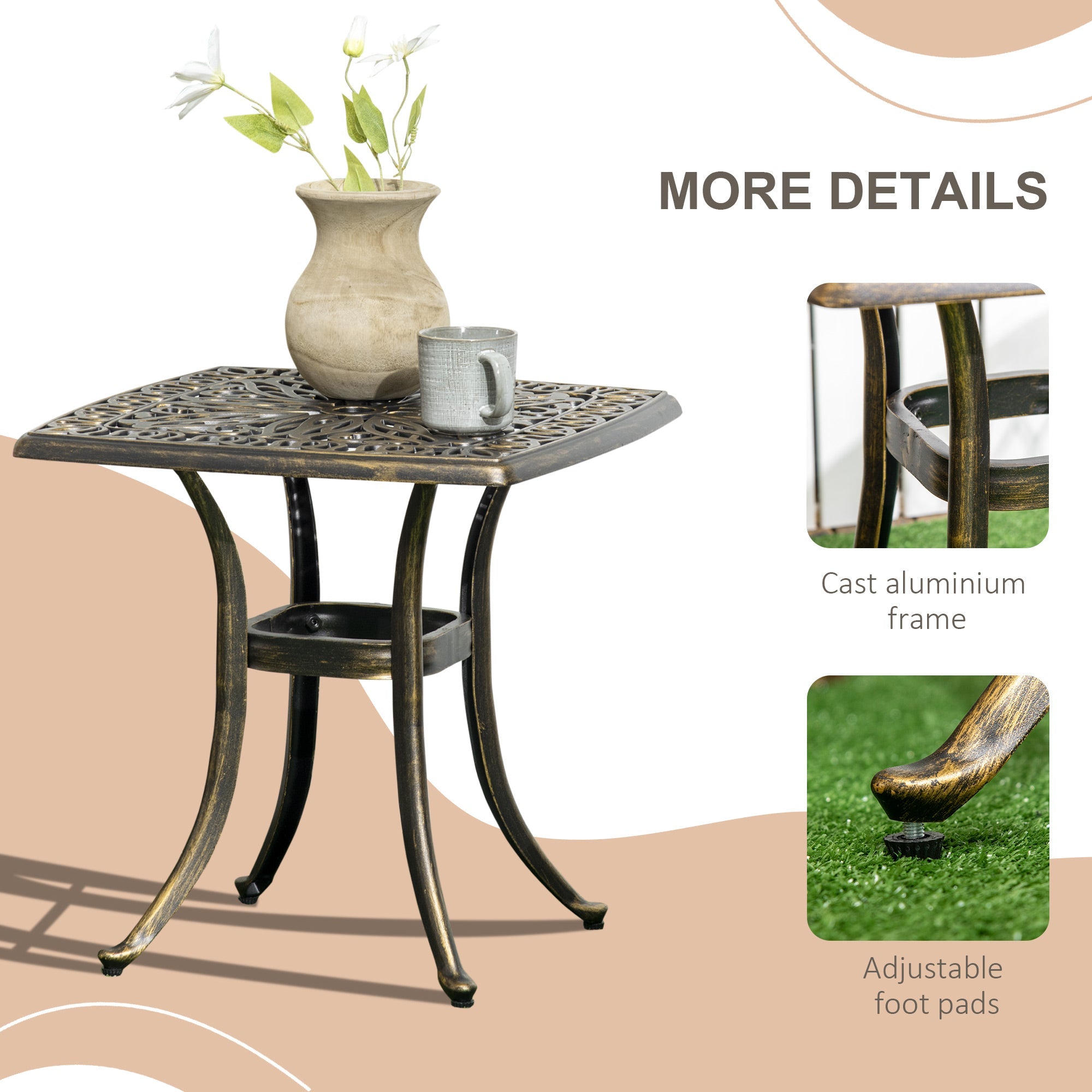 Outsunny Aluminium Outdoor Side Table with Umbrella Hole, 21" Square Patio Coffee Table End Table, Bronze 