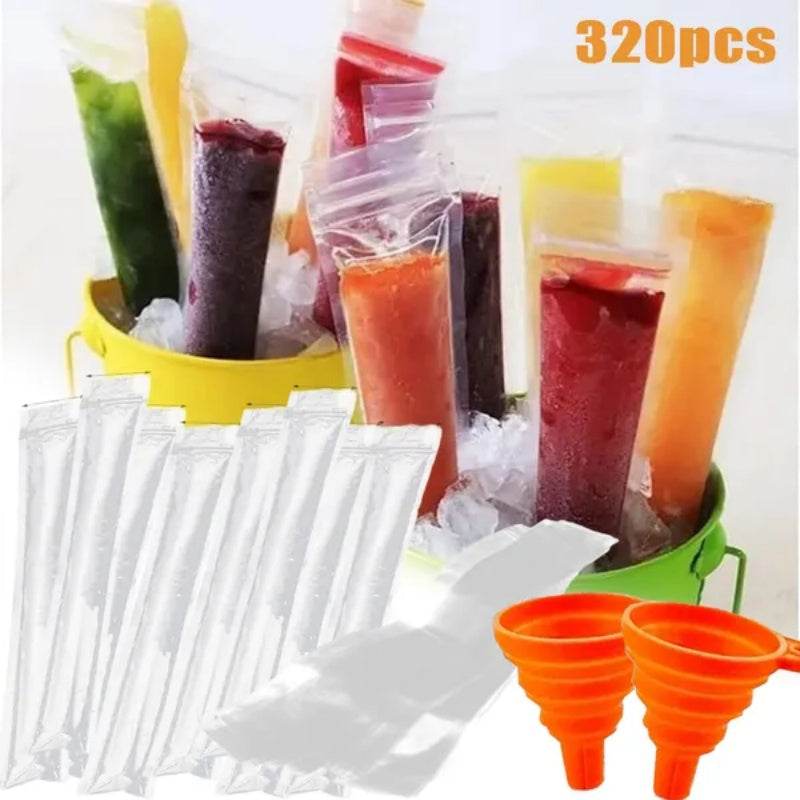 320 Pcs Disposable Beverage Packaging Bag Ice Popsicle Mold Bags With 2 Pcs Orange Funnels DIY Ice Lolly Bags BPA Free Freezer Tubes With Zip Seals For Summer Halloween Birthday Party 