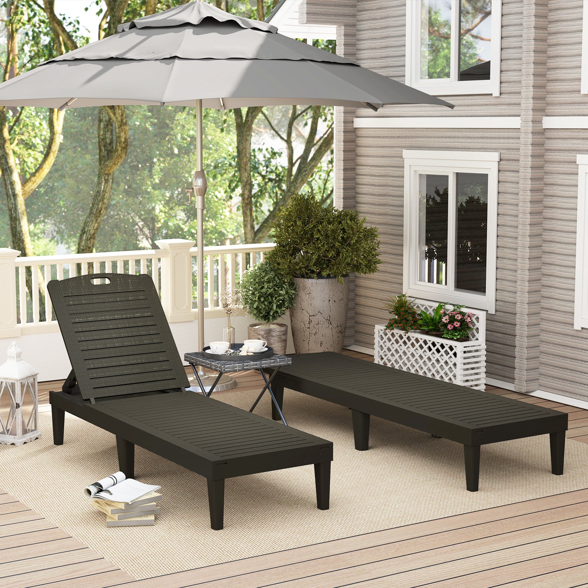 Outsunny Set of 2 lounger chair, Waterproof Resin Exterior Lounge Chairs with 4-Position Adjustable Backrest for Backyard, Black 