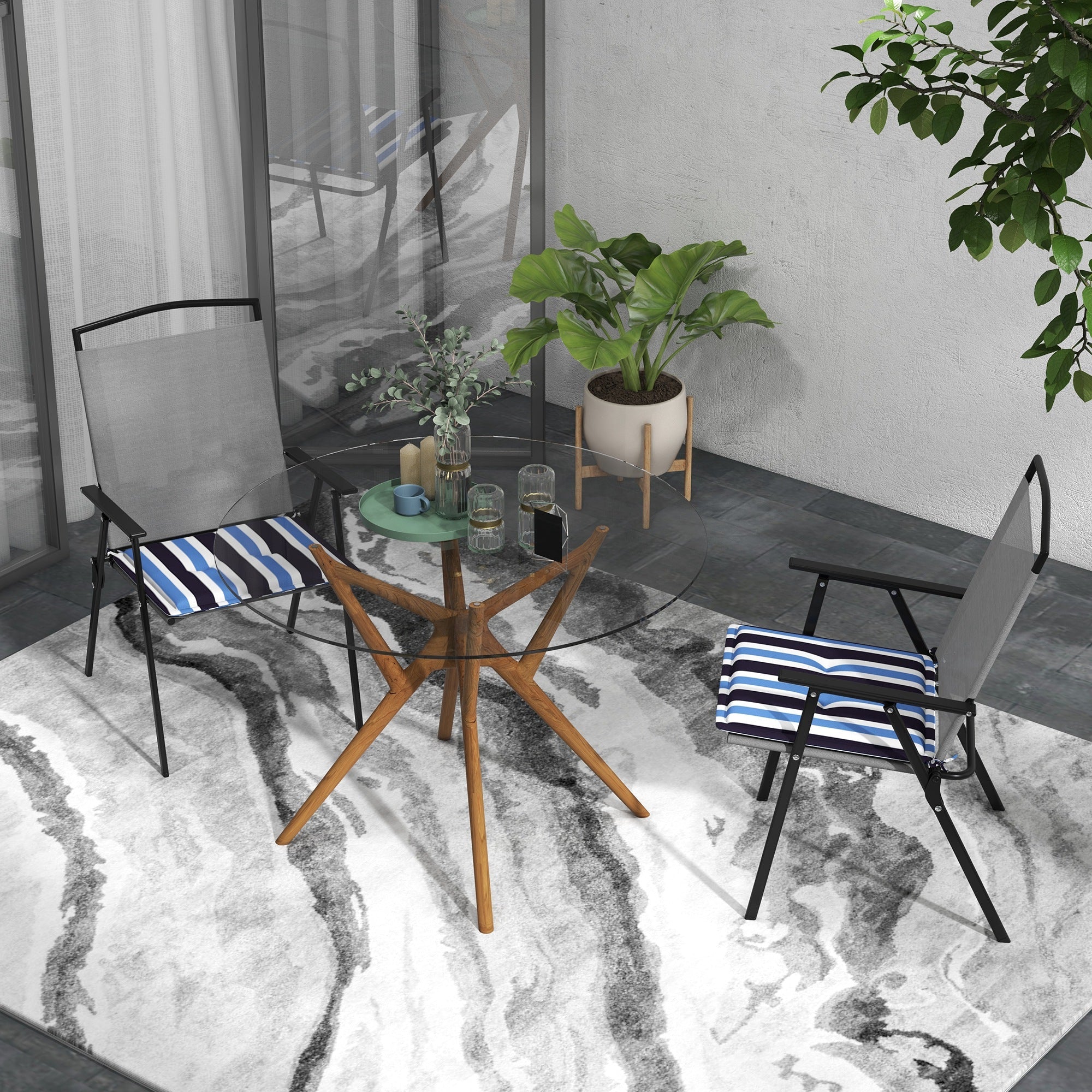 Outsunny Outdoor Patio Chair Cushion Set 2-Piece with Ties Button Tufted Design Blue White Stripe Replacement Cushions 