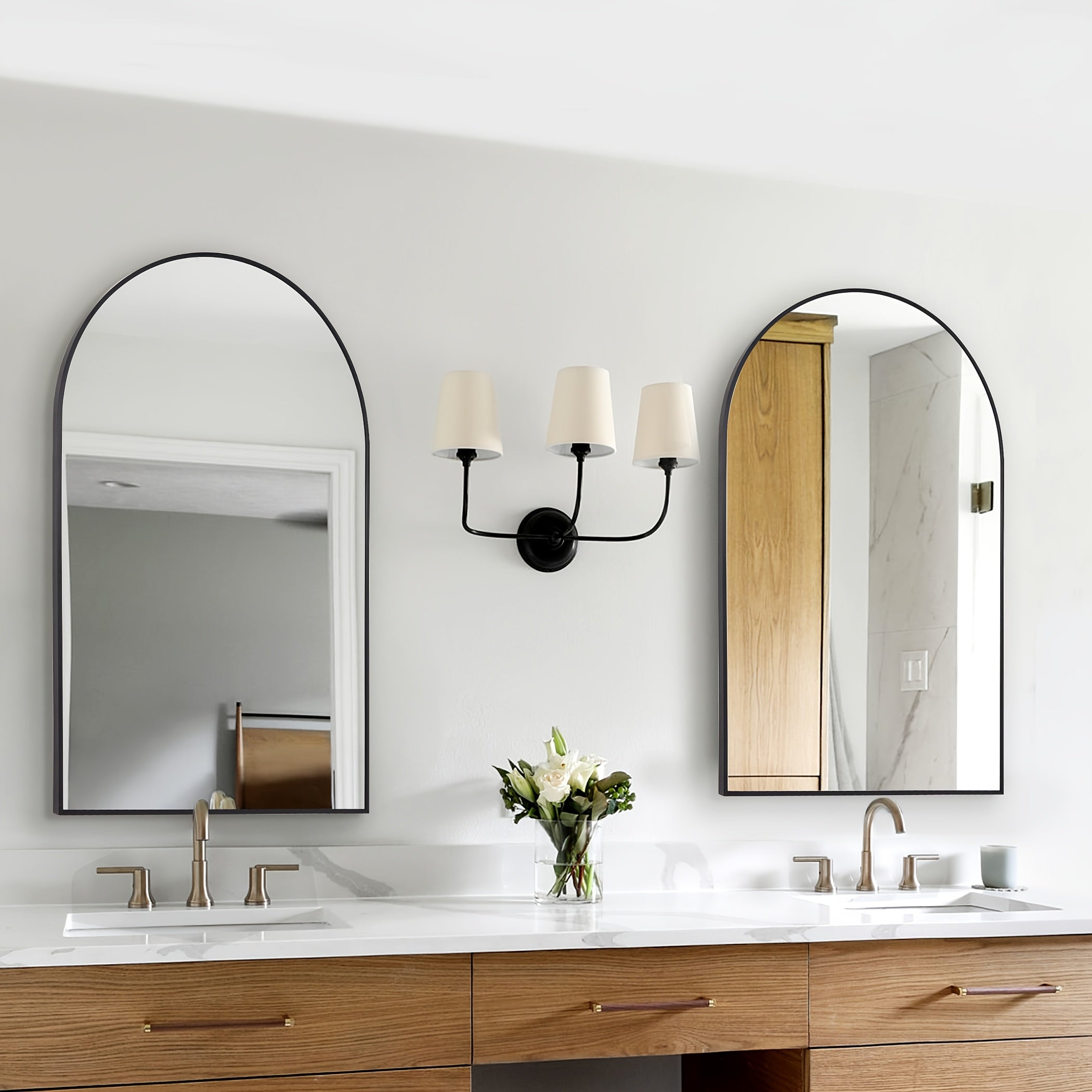 Black Arched Mirror, Matte Black Bathroom Mirror with Metal Frame, Wall Mounted Mirrors Modern Dresser Mirror for Bedroom Living Room Entryway 