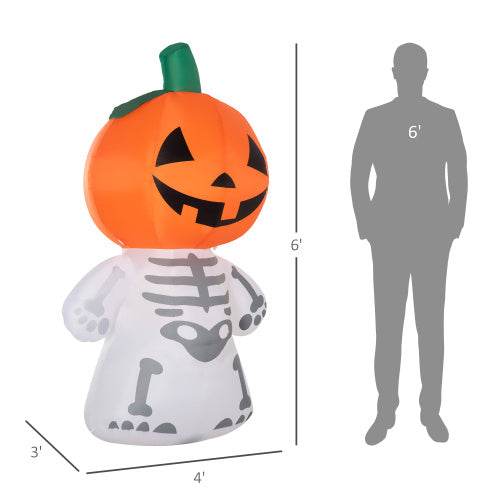 6ft Halloween Inflatables Outdoor Decorations, Smiling Skeleton Ghost With Pumpkin Head, Blow Up LED Yard Decor For Garden, Lawn, Party, Holiday, Waterproof 