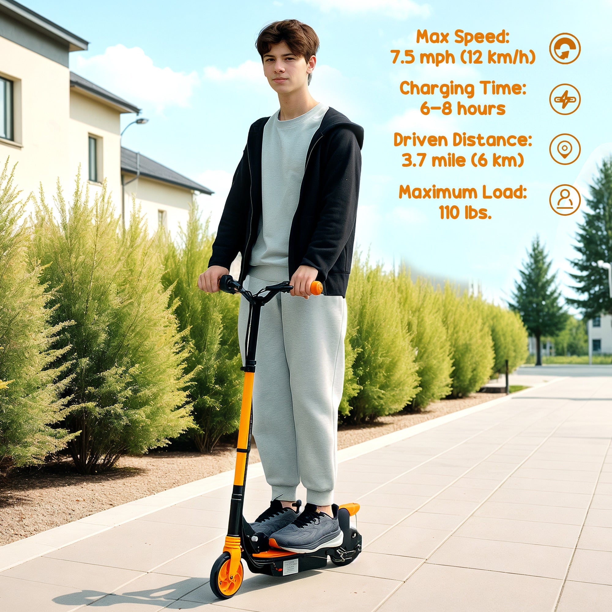 Soozier Foldable Electric Scooter for Kids Ages 6-14, with Seat and 2 Adjustable Heights, Max 6km Range & 12km/h, Orange 
