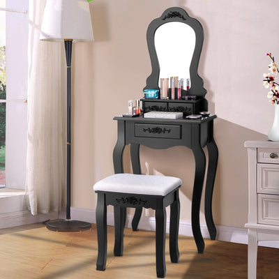 Makeup Dressing Table and Bench 3 Drawers and Cushioned Stool for Girls-BlackÂ 